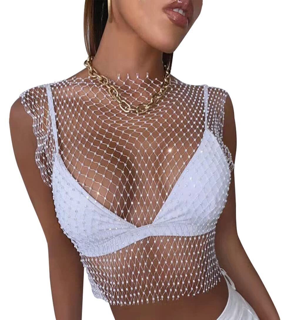 3899 Sexy Rhinestone Mesh Crystal Tank Tops See Through Diamond Hollow Out